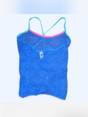 Y2K No Boundries Blue Lace Cami with Pink Trim and Teal Straps
